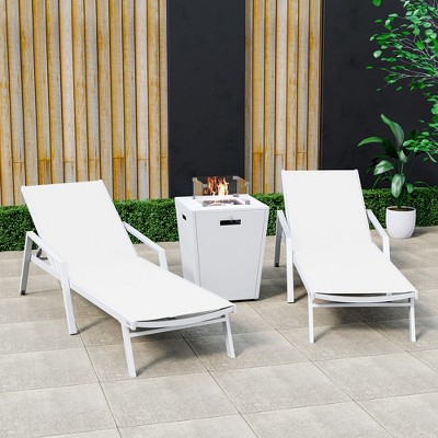 LeisureMod Marlin Patio Lounge Chairs with Arms and Fire Pit Side Table - White Trim, Set of 2