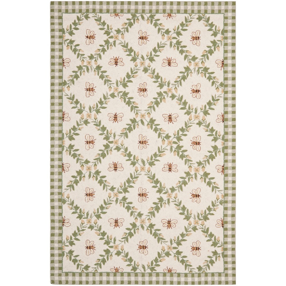 6'x9' Bee Hooked Area Rug Ivory/Green - Safavieh