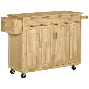 HOMCOM Wooden Rolling Kitchen Island Utility Storage Cart on Wheels with Drawers, Door Cabinets, and Knife Block for Dining Room - 1 of 4