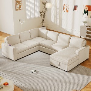 U-Shaped Modular Sofa with Storage Lounge Chair, 6-Seater Oversized Sofa with USB Interface - ModernLuxe - 1 of 4