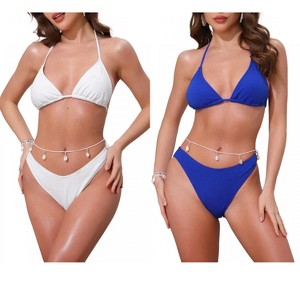 INSPIRE CHIC Women's Waffle Knit Halter Top Triangle Bottom with Seashell Waist Rope Bikini Suits 2 Sets - 1 of 4