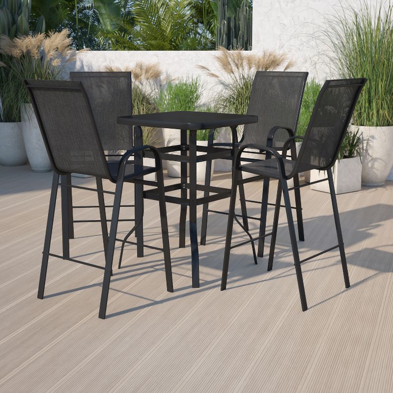 Emma and Oliver 5 Piece Outdoor Bar Height Set-Glass Patio Bar Table-Black All-Weather Barstools, 3 of 13
