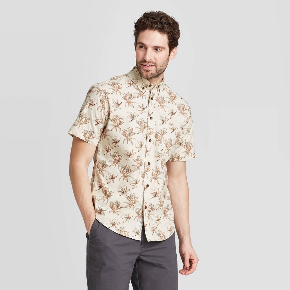Men's Floral Print Standard Fit Short Sleeve Button-Down Shirt - Goodfellow & Co Beige L was $19.99 now $12.0 (40.0% off)