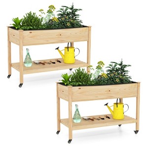 Costway 1/2 PCS Wooden Raised Garden Bed with Legs, Lockable Wheels, Liner, Storage Shelf Drainage - 1 of 4