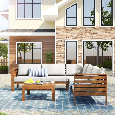 4 Piece Wood Patio Sectional Sofa Set,Japanese Style Sofa with Cushions and Coffee Table,Garden Furniture Sets for Balcony,Poolside-Coolbibila