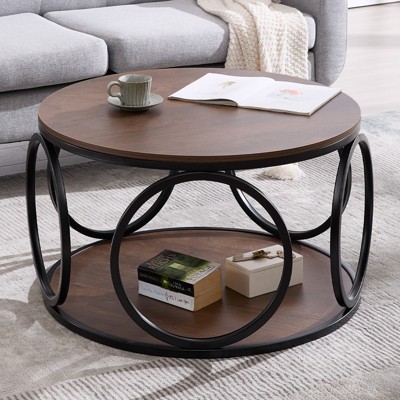 Bekrvio 31.5" 2 Tier Industrial Round Coffee Table, Modern Round Wood Coffee Table with Sturdy Circle Metal Frame for Living Room, Walnut