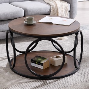 Bekrvio 31.5" 2 Tier Industrial Round Coffee Table, Modern Round Wood Coffee Table with Sturdy Circle Metal Frame for Living Room, Walnut - 1 of 4
