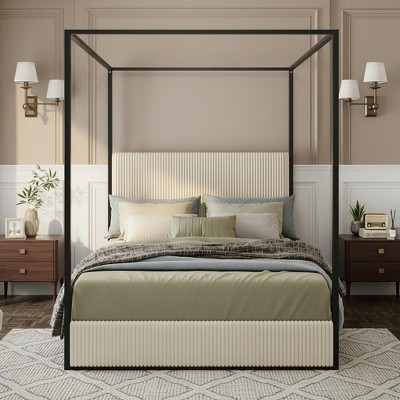 Polibi Modern Luxury Metal Canopy Bed with Corduroy Upholstered Tall Headboard