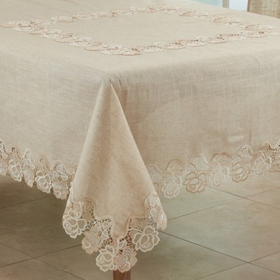 Saro Lifestyle Elegant Tablecloth With Lace Rose Border, Natural, 72