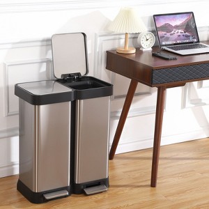 2x8 Gal Dual Trash Can, 60L Stainless Steel Garbage Can with Soft Close Lid, Step Recycling Bin Waste Container for Kitchen Bathroom Office - 1 of 4