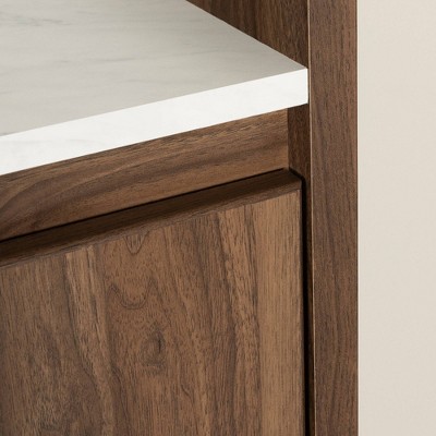 Natural Walnut and White Stone 2-Drawer End Table with Brass Legs