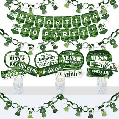 Big Dot of Happiness Camo Hero - Banner and Photo Booth Decorations - Army Military Camouflage Party Supplies Kit - Doterrific Bundle