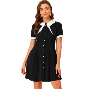 Allegra K Women's Fit and Flare Contrast Color Bowtie Neck Dress - 1 of 4