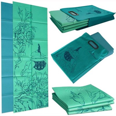 Wai Lana Folding Yoga Mat  and Tote – Mat Design: Wandering Elephants – Color: Azure Green – Eco-Friendly PVC Mat -