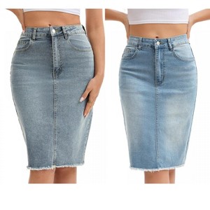 INSPIRE CHIC Women's Raw Hem High Waisted Pockets Stretch Knee Length Jean Denim Skirt 2 Packs - 1 of 4