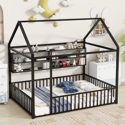 CAVINAS Twin/Full Size House Platform Bed Frame with Fence&Shelves,Metal Floor Bed for Kids Room,Bedroom
