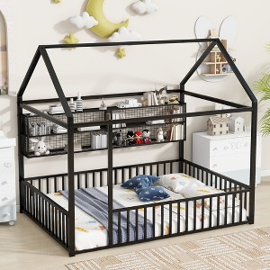 CAVINAS Twin/Full Size House Platform Bed Frame with Fence&Shelves,Metal Floor Bed for Kids Room,Bedroom - 1 of 4