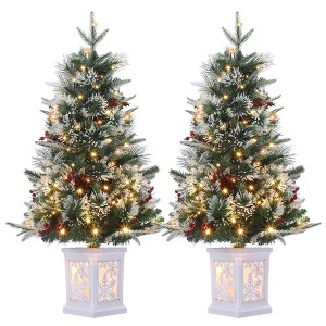 3FT Pre-Lit Artificial Christmas Tree Tabletop with 78 Warm White Lights, Flocked Potted Christmas Tree, Battery Operated, for Front Door, Porch - 1 of 4