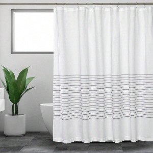 Fabric shower curtain, 72x72 inch, white and gray striped, farmhouse boho style. - 1 of 4