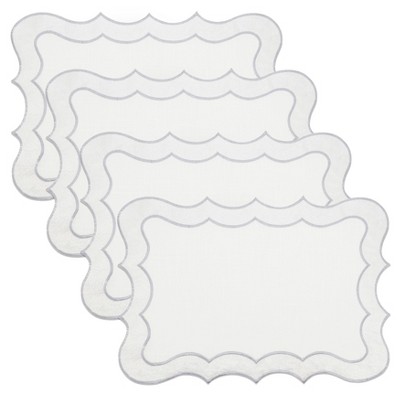 Elegant Silver Scallop Edge Fabric Placemats, 14 x 20 in, Set of 4