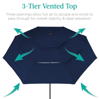 Navy 10ft 3-Tier Solar Patio Umbrella with LED Lights and Tilt Adjustment