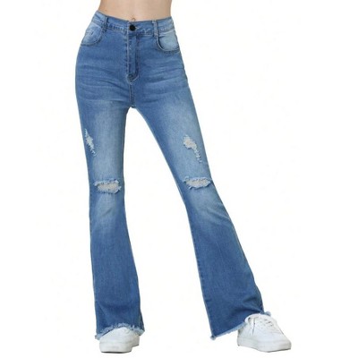 Mocamel Girl's Horn Straight High Waist Jeans with Ripped Wear and Tear Design Suitable for Casual and Daily