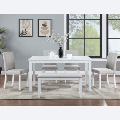 Aukfa 6-Piece Wooden Dining Table Set with 4 Upholstered Chairs & Bench - Rectangular Dining Table with Crystal Accents