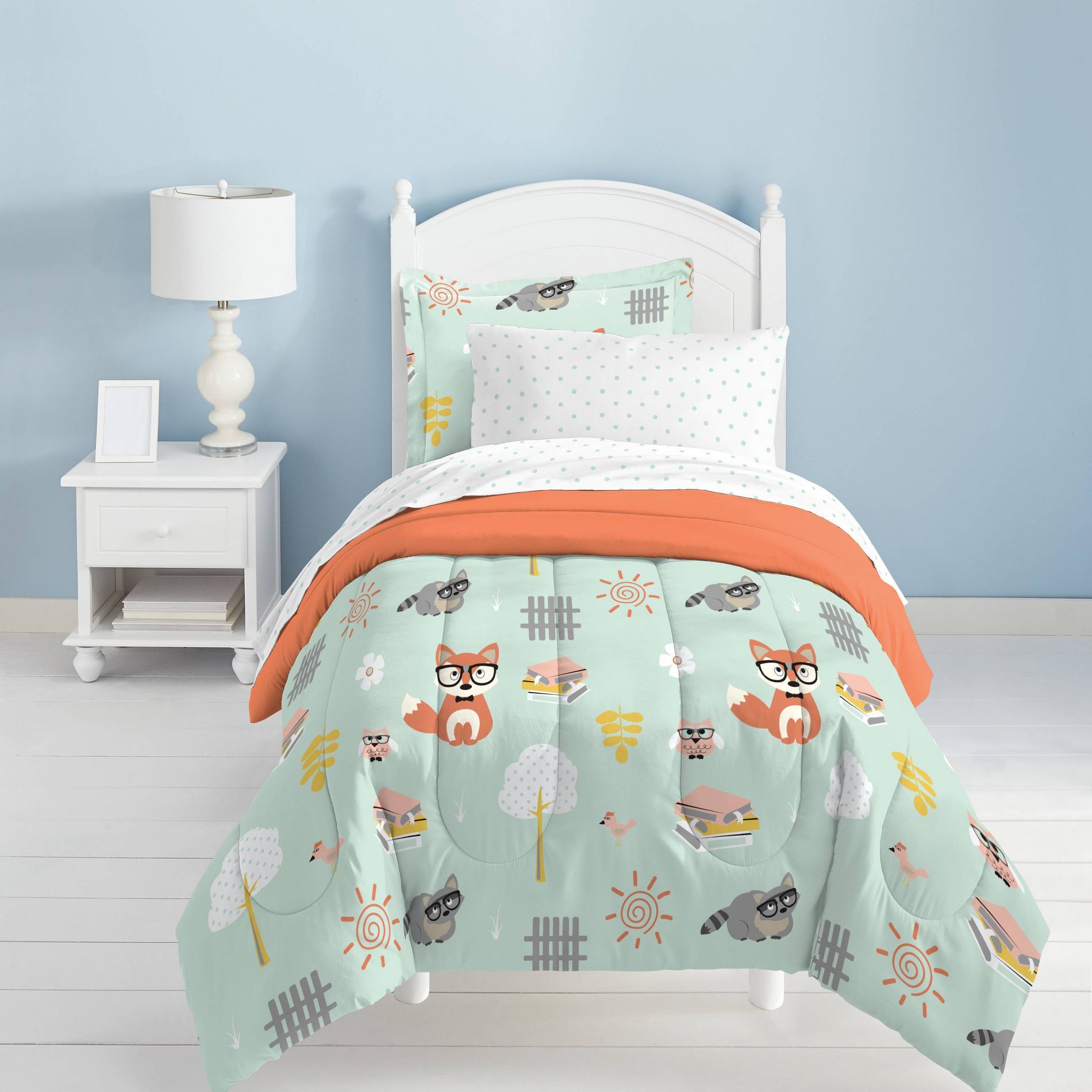 Dream Factory Woodland Friends Mini Kids' Bed in a Bag - Mint (Twin): Kids Woodland Bedding Set, Twin Comforter, 5 Pieces