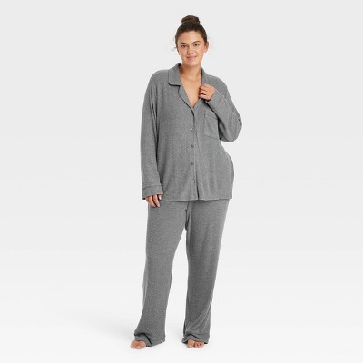 Image of Women's Cozy Ribbed Long Sleeve Notch Collar Shirt and Pants Pajama Set - Auden™ Dark Gray 4X