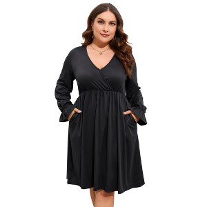 BLUEMING Plus Size Women Dress Faux Wrap V Neck Dress with Ruffle Cuff Bishop Sleeve Fall Midi Dress - 1 of 4