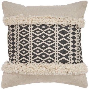 HomeRoots 18" X 18" Tan and Black Geometric Cotton Zippered Pillow With Shag - 1 of 4