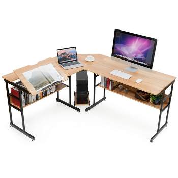 Costway L-Shaped Computer Desk Drafting Table Workstation w/Tiltable Tabletop &Bookshelf