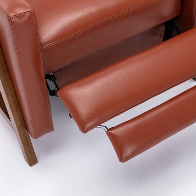 Modern Caramel Leather and Wood Push Back Recliner