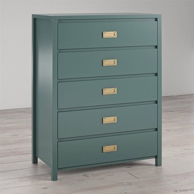 Hunter Green Vertical 5-Drawer Kids' Dresser with Gold Pulls