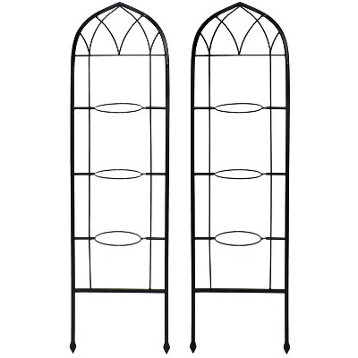 Black Steel Arched Garden Trellis with Flowerpot Supports, Set of 2