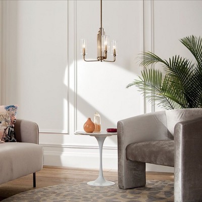 Art Deco Brushed Brass 3-Light Chandelier with Clear Fluted Shades