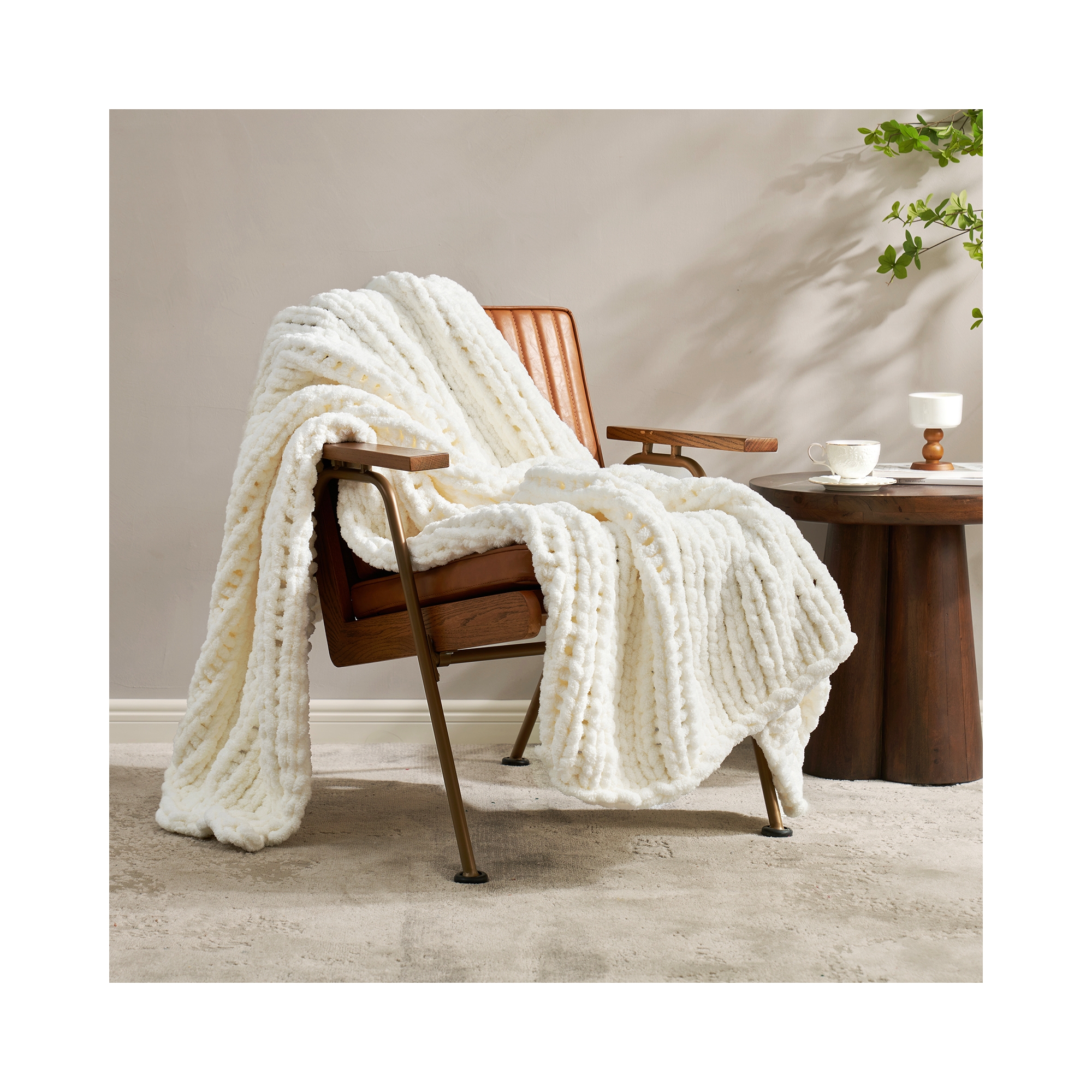 Chunky Knit Handmade Chenille Cable Knitted Crochet Throw Blanket, Ivory-Amelie Home