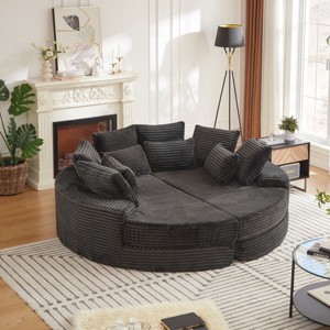 78.5'' Convertible Corduroy Round Sofa Bed, 2-in-1 Oversized Lounge Recliner with Neck & Throw Pillows, Ready to Use-3irtyhousy - 1 of 4