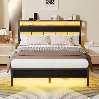 Furnulem Full Size Bed Frame with LED Light and Charging Station, Wood Storage Headboard with 2-Tier Shelves, Heavy Duty Slats Support