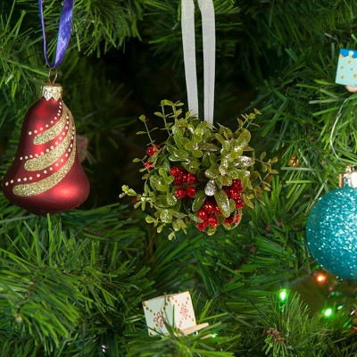 Green and Red Glitter Plastic Mistletoe Hanging Ornament 5"