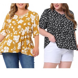 Women's Plus Size 2 Pieces Floral Pleated V Neck Ruffle Short Sleeve Casual Tiered Babydoll Blouses - Agnes Orinda - 1 of 4