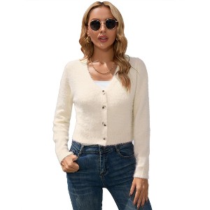 Coolmee Women's Furry Cropped Cardigan Long Sleeves Open Front V-Neck Button Down Casual Knit Sweater Coat - 1 of 4