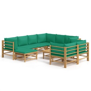 vidaXL 10 Piece Bamboo Patio Lounge Set with Soft Green Cushions and Sturdy Table - Farmhouse Style Outdoor Furniture - 1 of 4