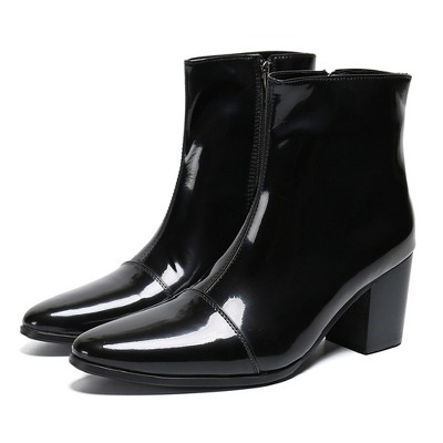 Santimon Mens Boots Casual Patent Leather Chelsea Dress Boots Zipper on Side Mid Calf Boots Black