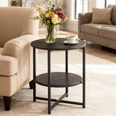 Homy Casa Round 2-Tier End Table with Metal Frame and Wood Shelves, Black Oak