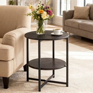 Homy Casa Round 2-Tier End Table with Metal Frame and Wood Shelves, Black Oak - 1 of 4