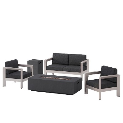 GDFStudio Rinehart Outdoor Aluminum 4 Seater Chat Set with Fire Pit