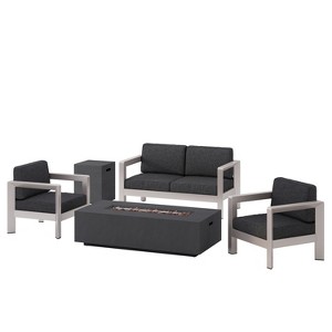 GDFStudio Rinehart Outdoor Aluminum 4 Seater Chat Set with Fire Pit - 1 of 4
