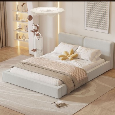 NicBex Queen Size Velvet Upholstered Platform Bed Frame with Headboard,Wood Slats Support,No Box Spring Needed,Easy Assembly,Beige/Gray