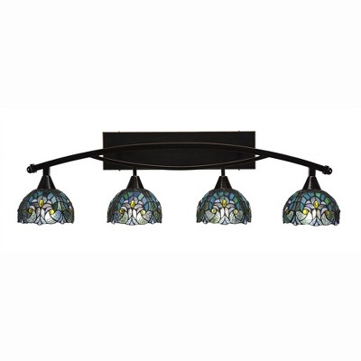 Toltec Lighting Bow 4 - Light Vanity in  Black Copper with 7" Turquoise Cypress Art Glass Shade